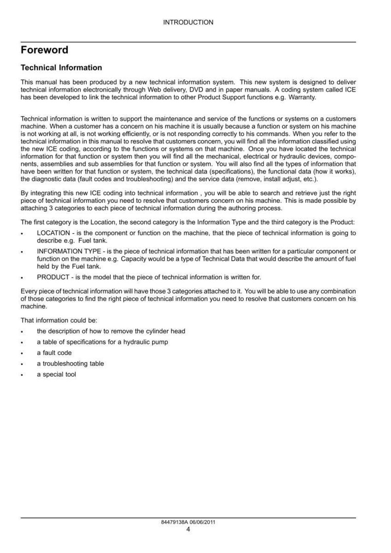 May include: A printed manual page with the title "Technical Information." The text describes a new technical information system, including ICE coding, for machine maintenance and service. It details categories like Location, Information Type, and Product.