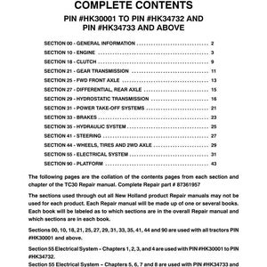 May include: A black and white document titled TC30 REPAIR MANUAL COMPLETE CONTENTS. It lists sections from 00 to 90, including engine, clutch, transmission, and electrical systems, with specific PIN ranges for New Holland tractor repair part 87361957.