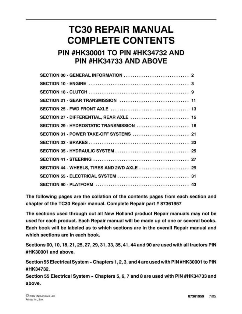May include: A black and white document titled TC30 REPAIR MANUAL COMPLETE CONTENTS. It lists sections from 00 to 90, including engine, clutch, transmission, and electrical systems, with specific PIN ranges for New Holland tractor repair part 87361957.