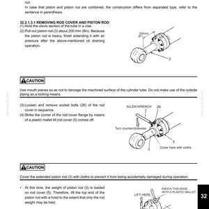 May include: Diagram from a service manual showing the disassembly of a cylinder. It includes illustrations of parts like the piston rod, rod cover, and socket bolts, with measurements in inches. Instructions are provided for removing and handling components.