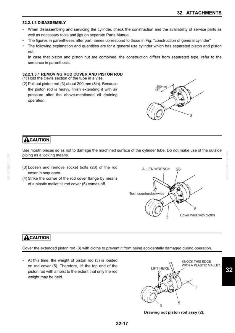 May include: Diagram from a service manual showing the disassembly of a cylinder. It includes illustrations of parts like the piston rod, rod cover, and socket bolts, with measurements in inches. Instructions are provided for removing and handling components.