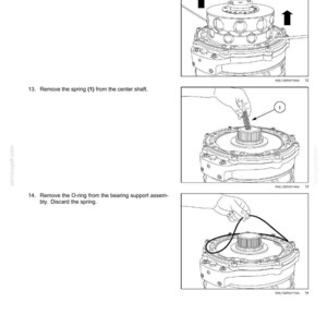 May include: Diagram of hydrostatic drive pump and motor components, detailing cylinder block disassembly. Includes images of removing the cylinder block assembly, spring, and O-ring. Text includes instructions and part numbers.