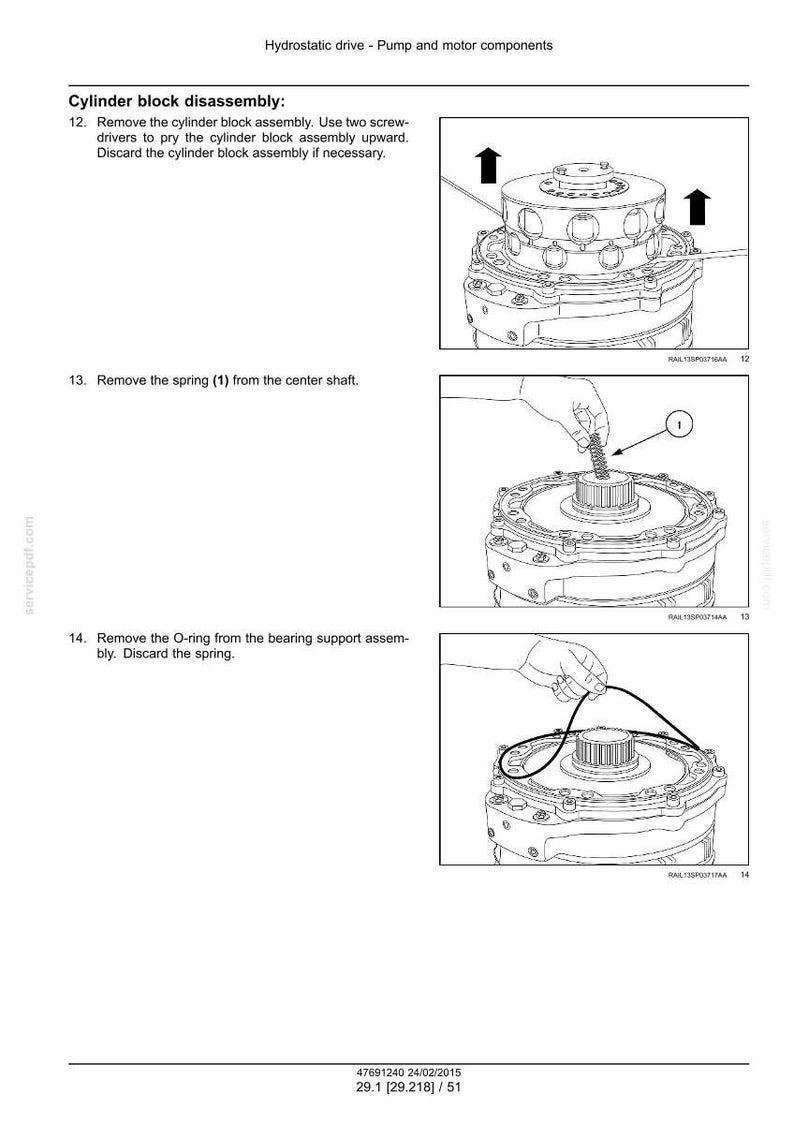 May include: Diagram of hydrostatic drive pump and motor components, detailing cylinder block disassembly. Includes images of removing the cylinder block assembly, spring, and O-ring. Text includes instructions and part numbers.