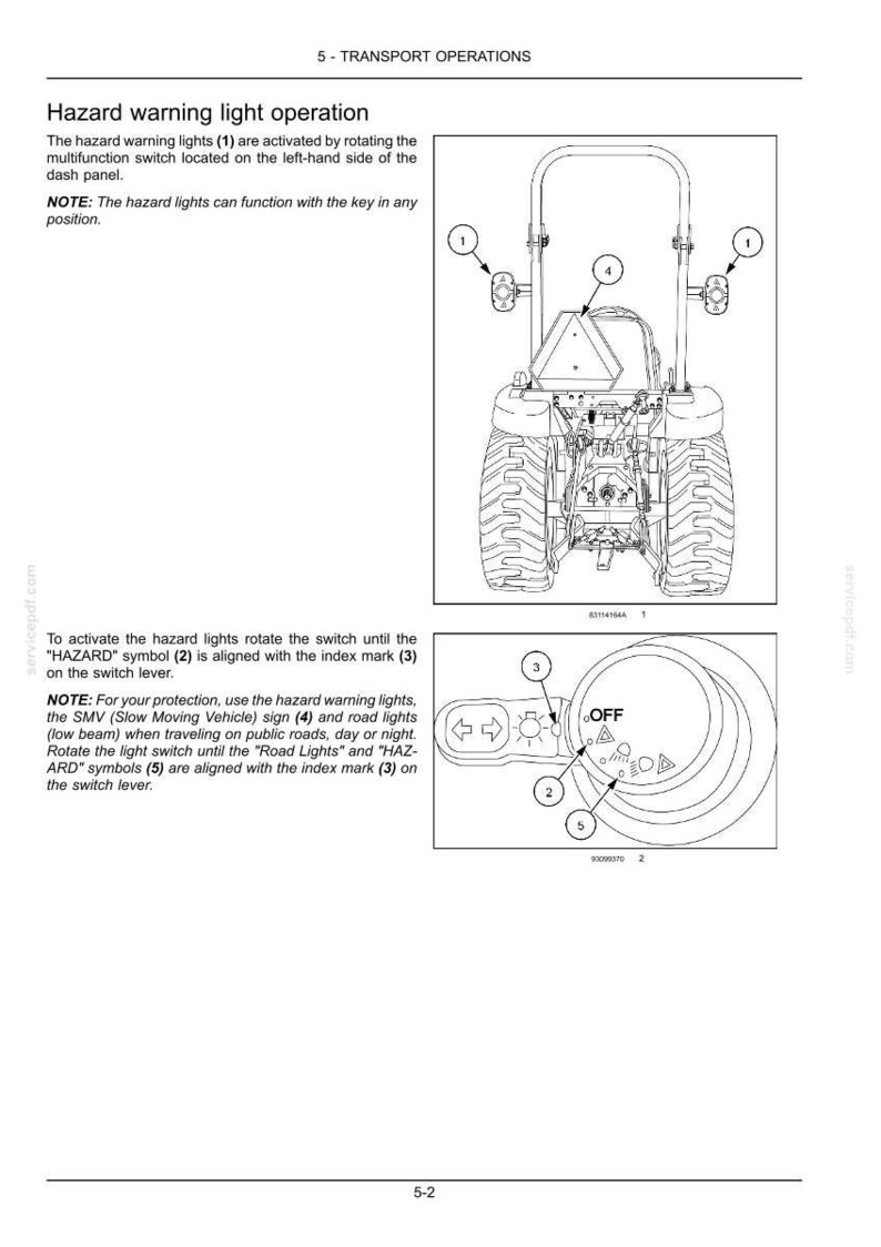 May include: A technical manual page titled 5 - TRANSPORT OPERATIONS detailing hazard warning light operation. It features a line drawing of a tractor rear view with numbered components and a circular switch diagram with symbols for OFF, HAZARD, and road lights.
