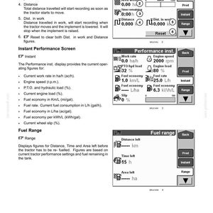 May include: A technical manual page titled 3-CONTROLS/INSTRUMENTS featuring three black and white digital display diagrams for tractor productivity, performance, and fuel range. The text explains settings for work rate, distance, and engine load.