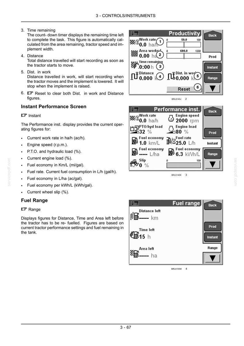 May include: A technical manual page titled 3-CONTROLS/INSTRUMENTS featuring three black and white digital display diagrams for tractor productivity, performance, and fuel range. The text explains settings for work rate, distance, and engine load.
