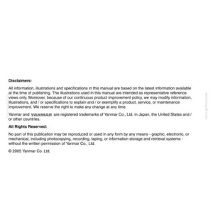 May include: A white service manual with black text, including the Yanmar logo. The manual contains disclaimers, copyright information, and trademark details. The text is clear and legible, with a focus on service and repair information.