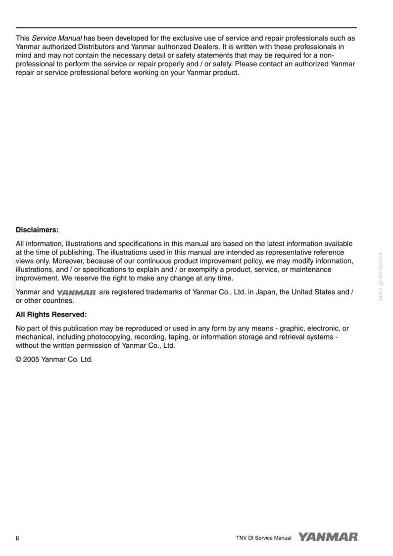 May include: A white service manual with black text, including the Yanmar logo. The manual contains disclaimers, copyright information, and trademark details. The text is clear and legible, with a focus on service and repair information.
