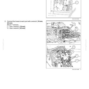 May include: Diagram of hydraulic system components with labels and instructions for installing a cushion valve. Includes close-up illustrations of the valve and hose connections, with wrench sizes in millimeters.