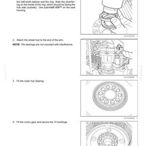 Puede incluir: Diagrama t&eacute;cnico que ilustra el montaje de un cubo de rueda para un sistema de eje delantero. La imagen proporciona instrucciones paso a paso, incluyendo el montaje de los cubos, la fijaci&oacute;n del cubo de la rueda, el montaje del rodamiento y la fijaci&oacute;n de la corona.