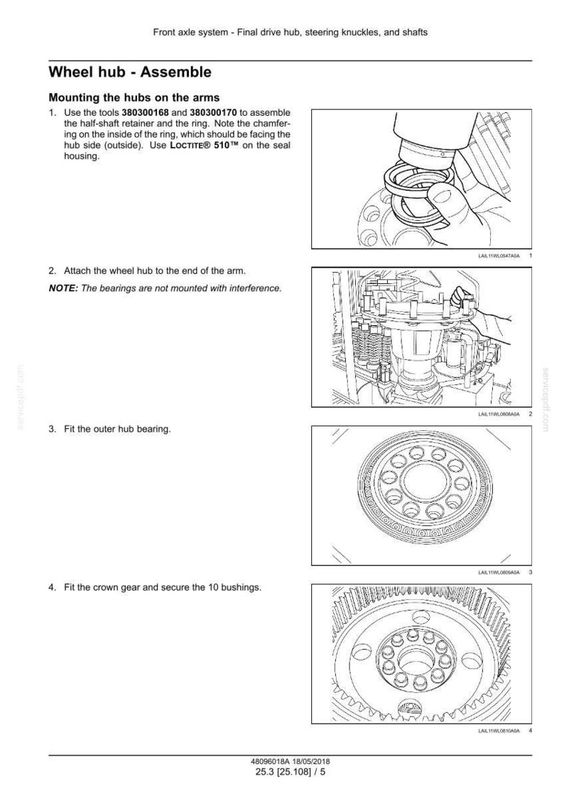 Puede incluir: Diagrama t&eacute;cnico que ilustra el montaje de un cubo de rueda para un sistema de eje delantero. La imagen proporciona instrucciones paso a paso, incluyendo el montaje de los cubos, la fijaci&oacute;n del cubo de la rueda, el montaje del rodamiento y la fijaci&oacute;n de la corona.