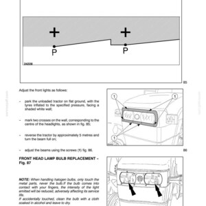 Pu&ograve; includere: Una pagina di manuale tecnico intitolata LUBRICATION AND MAINTENANCE, FRONT HEADLIGHT ADJUSTMENT AND REPLACEMENT. Include diagrammi dei fasci luminosi con croci, una vista frontale di un trattore con viti di regolazione e passaggi per la sostituzione.