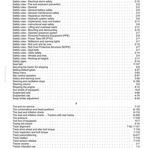May include: A black and white printed index page from a technical manual, listing safety rules and tractor maintenance topics alphabetically from Safety rules to Transmission messages, with corresponding page numbers on the right side.