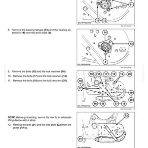 May include: Diagram of a product feeding pickup, illustrating the removal of various components. Includes numbered steps for loosening screws, removing nuts, bolts, and washers. Features detailed close-ups of mechanical parts.