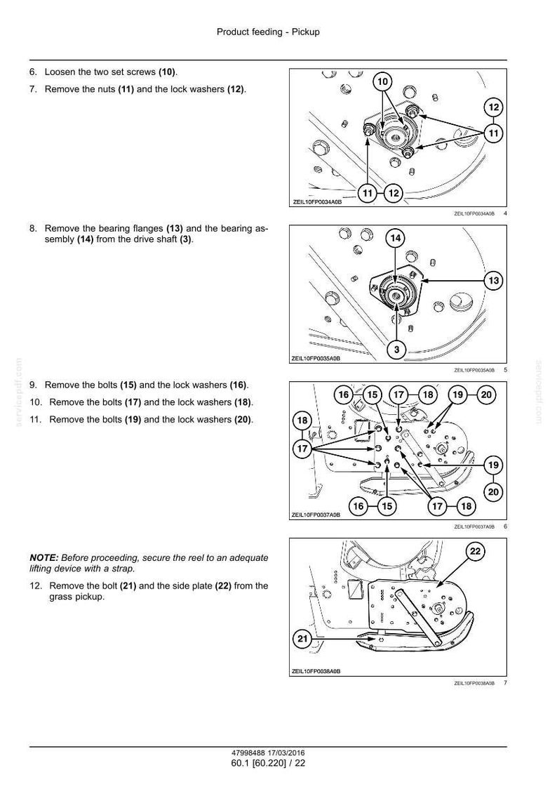 May include: Diagram of a product feeding pickup, illustrating the removal of various components. Includes numbered steps for loosening screws, removing nuts, bolts, and washers. Features detailed close-ups of mechanical parts.