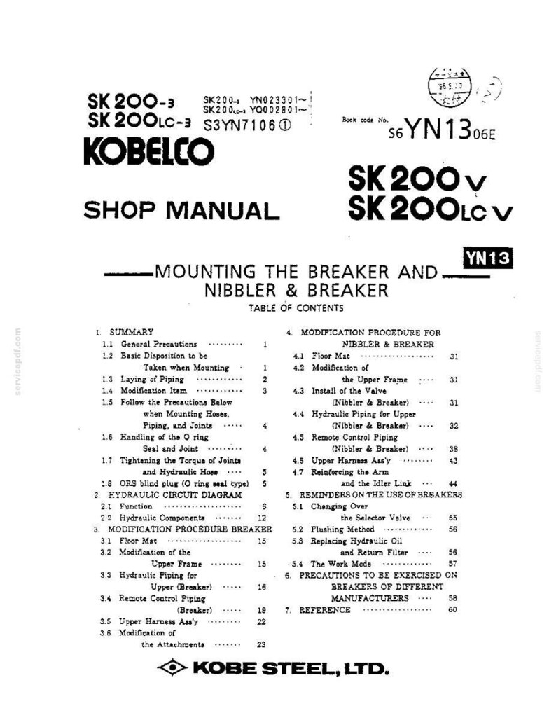 May include: A black and white Kobelco shop manual for SK 200-3, SK 200LC-3, SK 200V, and SK 200LCV models. The document features a table of contents detailing mounting procedures for breakers and nibblers, including hydraulic circuit diagrams and modification steps.