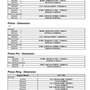 May include: A detailed technical diagram with measurements for engine pistons, including diameter, bore clearance, and pin dimensions. The measurements are provided in both millimeters and inches.