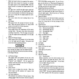 May include: A technical manual page titled OPERATION OF THE MACHINE, detailing numbered instructions for engine throttle levers, hour meter, fuel gauge, water temperature gauges, engine oil pressure gauges, air pressure gauge, and various switches.