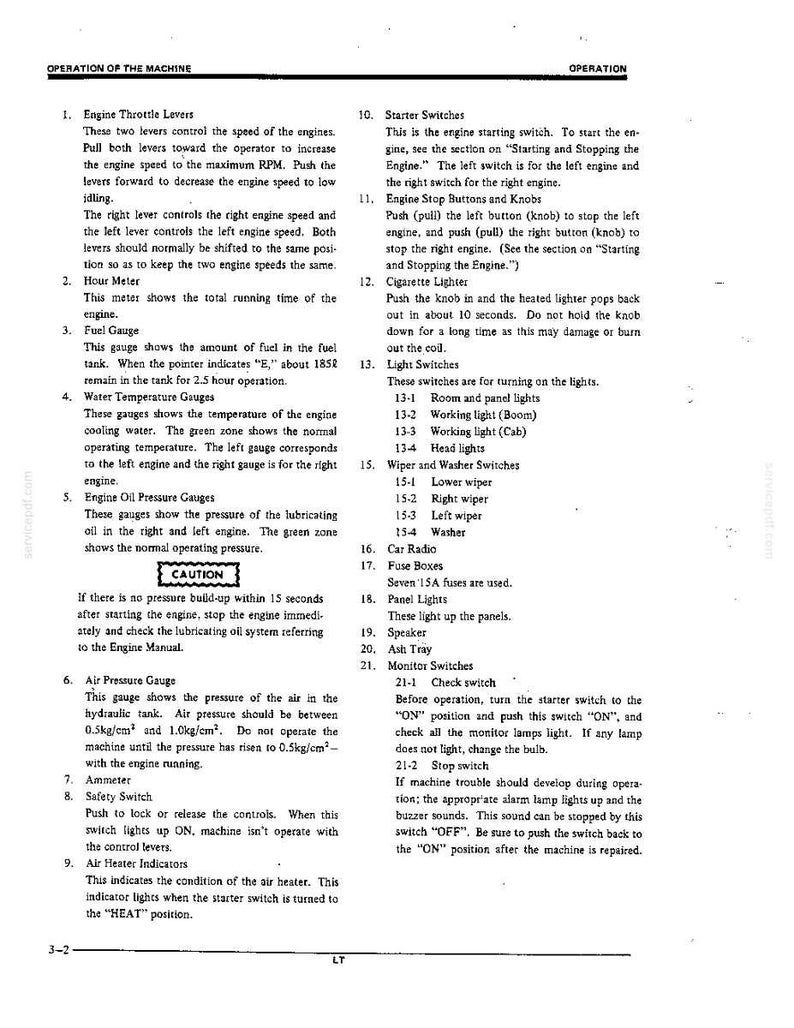 May include: A technical manual page titled OPERATION OF THE MACHINE, detailing numbered instructions for engine throttle levers, hour meter, fuel gauge, water temperature gauges, engine oil pressure gauges, air pressure gauge, and various switches.