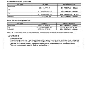 May include: A technical document page titled 7-SPECIFICATIONS Tire pressure, featuring two tables detailing front and rear tire inflation pressures in kPa and psi for agricultural, turf, and industrial tires, plus a warning about explosion hazards.