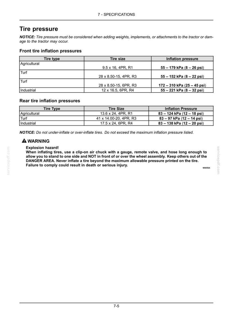 May include: A technical document page titled 7-SPECIFICATIONS Tire pressure, featuring two tables detailing front and rear tire inflation pressures in kPa and psi for agricultural, turf, and industrial tires, plus a warning about explosion hazards.