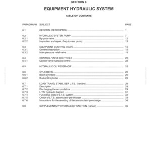 May include: A white document with black text detailing the "EQUIPMENT HYDRAULIC SYSTEM" table of contents. The document includes sections on hydraulic pumps, control valves, cylinders, and load travel stabilizer systems.