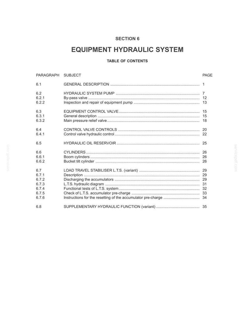 May include: A white document with black text detailing the "EQUIPMENT HYDRAULIC SYSTEM" table of contents. The document includes sections on hydraulic pumps, control valves, cylinders, and load travel stabilizer systems.