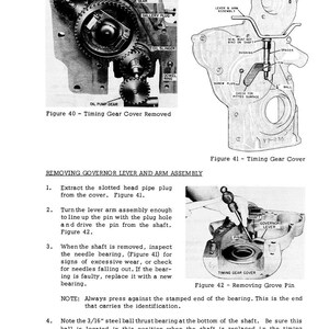 May include: Black and white diagrams of engine components, including gears, a timing gear cover, and a governor lever assembly. Text labels identify parts like the oil pump gear and gallery plug. Instructions detail removing and inspecting parts.