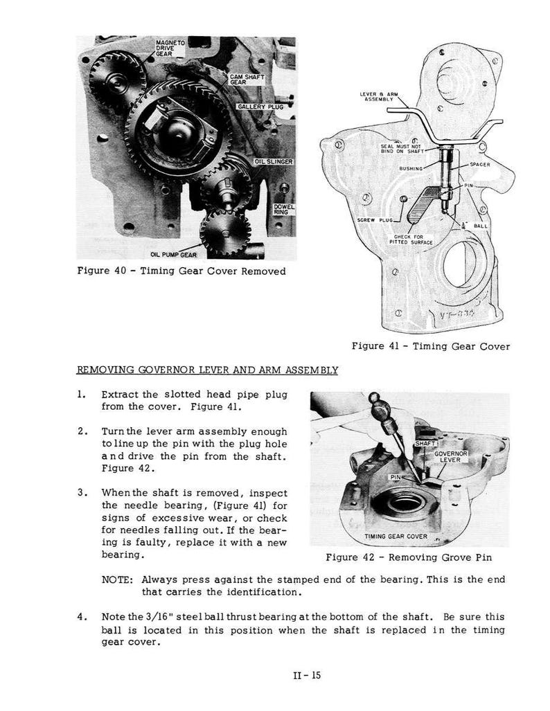 May include: Black and white diagrams of engine components, including gears, a timing gear cover, and a governor lever assembly. Text labels identify parts like the oil pump gear and gallery plug. Instructions detail removing and inspecting parts.