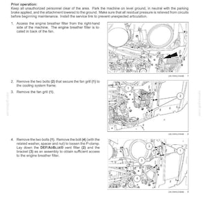 May include: Diagram illustrating the process of replacing an engine breather filter. The image shows detailed steps with numbered instructions and arrows pointing to specific parts, including bolts, a fan grill, and a vent filter. Text explains the maintenance procedure.