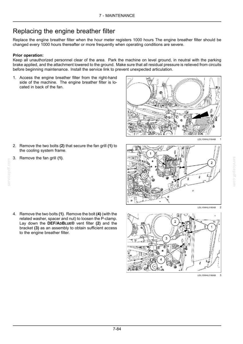 May include: Diagram illustrating the process of replacing an engine breather filter. The image shows detailed steps with numbered instructions and arrows pointing to specific parts, including bolts, a fan grill, and a vent filter. Text explains the maintenance procedure.