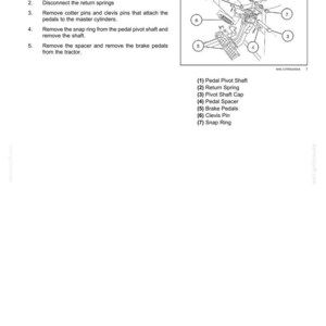May include: Diagram of hydraulic service brake components, including pedal pivot shaft, return spring, and brake pedals. Text instructions detail the removal process. The image is a technical illustration.