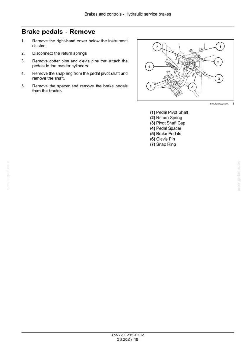 May include: Diagram of hydraulic service brake components, including pedal pivot shaft, return spring, and brake pedals. Text instructions detail the removal process. The image is a technical illustration.