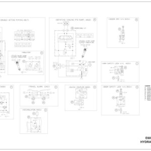 Puede incluir: Un esquema t&eacute;cnico detallado del sistema hidr&aacute;ulico de una excavadora E60C, en blanco y negro. El diagrama incluye m&uacute;ltiples dise&ntilde;os de componentes, etiquetas y una leyenda, que proporciona informaci&oacute;n t&eacute;cnica para el mantenimiento y la reparaci&oacute;n.