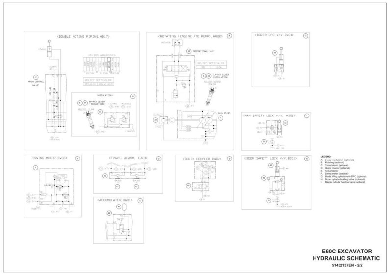 Puede incluir: Un esquema t&eacute;cnico detallado del sistema hidr&aacute;ulico de una excavadora E60C, en blanco y negro. El diagrama incluye m&uacute;ltiples dise&ntilde;os de componentes, etiquetas y una leyenda, que proporciona informaci&oacute;n t&eacute;cnica para el mantenimiento y la reparaci&oacute;n.
