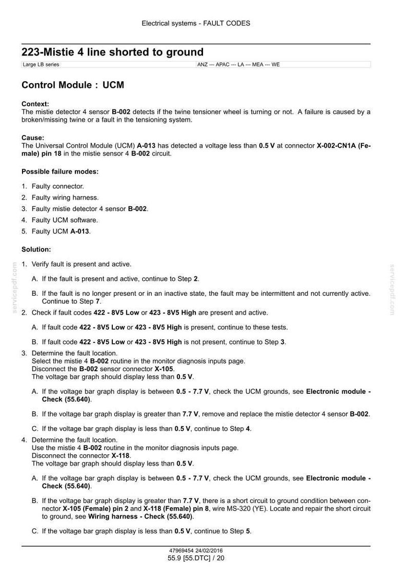 May include: A technical document detailing fault codes for electrical systems, specifically addressing a "223-Mistie 4 line shorted to ground" fault. Contains diagnostic steps and diagrams for vehicle repair.