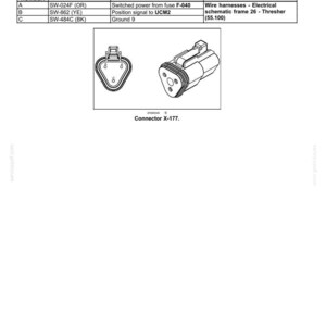 May include: Diagram of a Connector X-177, a component for electrical systems, with a table detailing pin numbers, wire numbers, circuit references, and electrical schematic frame information. Includes two illustrations of the connector.