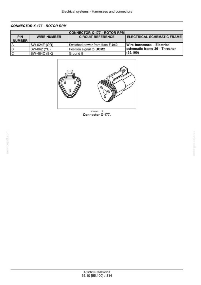 May include: Diagram of a Connector X-177, a component for electrical systems, with a table detailing pin numbers, wire numbers, circuit references, and electrical schematic frame information. Includes two illustrations of the connector.