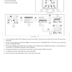 May include: Diagram of a vehicle's control panel with buttons labeled for menu, buzzer, and arrow functions. Displays for time and fuel consumption are shown. Instructions detail how to navigate and interpret the data.