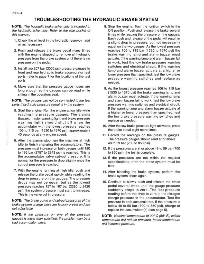 May include: A technical document titled TROUBLESHOOTING THE HYDRAULIC BRAKE SYSTEM, numbered 7002-4. It contains fifteen numbered steps and several notes detailing procedures for checking oil levels, pressure gauges, and brake system performance.