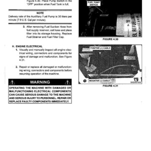 以下が含まれることがあります： Section IV - MAINTENANCEと題された技術マニュアルのページ。補助燃料ポンプスイッチの操作手順とエンジン電気系統の点検方法が記載されています。Figure 4.30およびFigure 4.31とラベル付けされた2つの白黒図面とテキストが含まれています。
