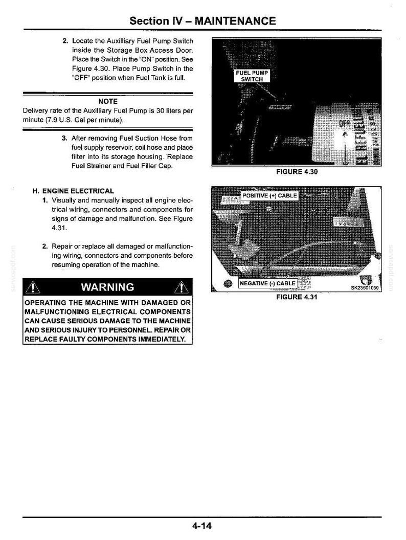 以下が含まれることがあります： Section IV - MAINTENANCEと題された技術マニュアルのページ。補助燃料ポンプスイッチの操作手順とエンジン電気系統の点検方法が記載されています。Figure 4.30およびFigure 4.31とラベル付けされた2つの白黒図面とテキストが含まれています。