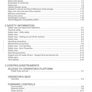 May include: A white document page titled "Contents" with a list of topics. The topics include general information, safety information, and controls/instruments. The document is a manual for a machine.
