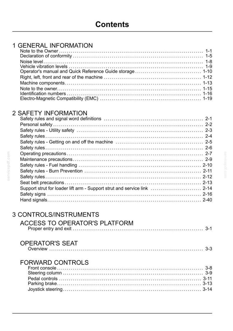 May include: A white document page titled "Contents" with a list of topics. The topics include general information, safety information, and controls/instruments. The document is a manual for a machine.
