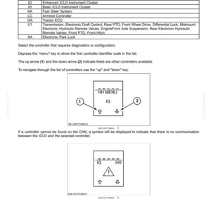 May include: A technical diagram titled "Controller Identifier Code Table" with a list of controller identifiers and functions. Includes diagrams with arrows and the text "HH MENU", "IG", and an exclamation point symbol.