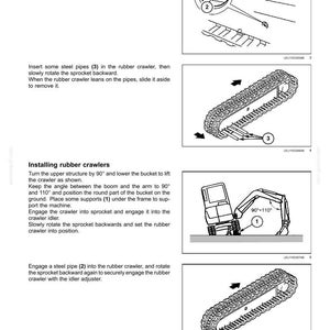 May include: Diagrams illustrating maintenance procedures for a crawler excavator. Includes instructions for lubricating grease nipples, removing and installing rubber crawlers, and engaging steel pipes. The diagrams use numbered callouts to identify parts.