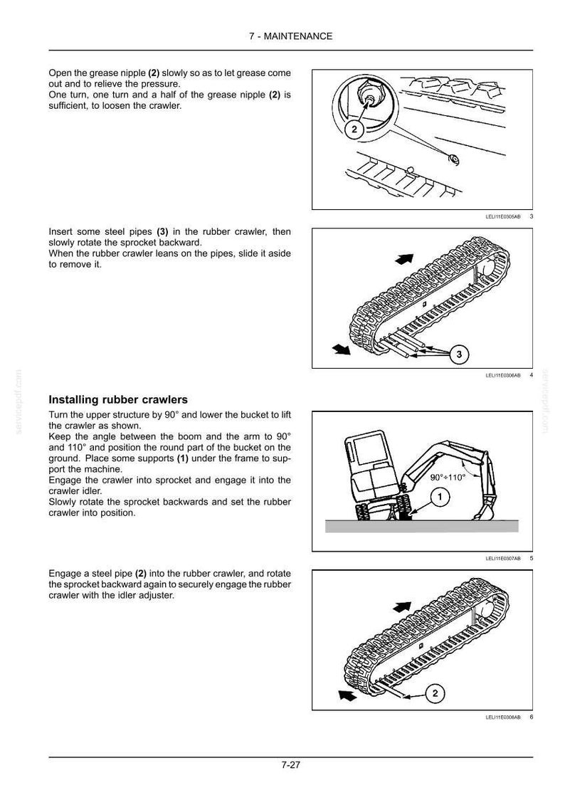 May include: Diagrams illustrating maintenance procedures for a crawler excavator. Includes instructions for lubricating grease nipples, removing and installing rubber crawlers, and engaging steel pipes. The diagrams use numbered callouts to identify parts.
