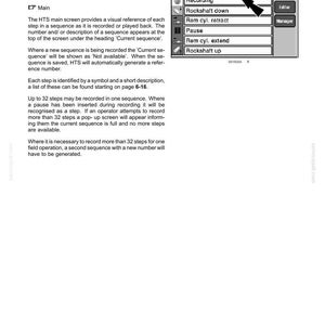 May include: A technical manual page titled 6-WORKING OPERATIONS featuring a black and white diagram of an HTS main screen interface. The screen displays a list of operations including Recording, Rockshaft down, Rem cyl. retract, Pause, Rem cyl. extend, and Rockshaft up, with a black arrow pointing to the text Not available.
