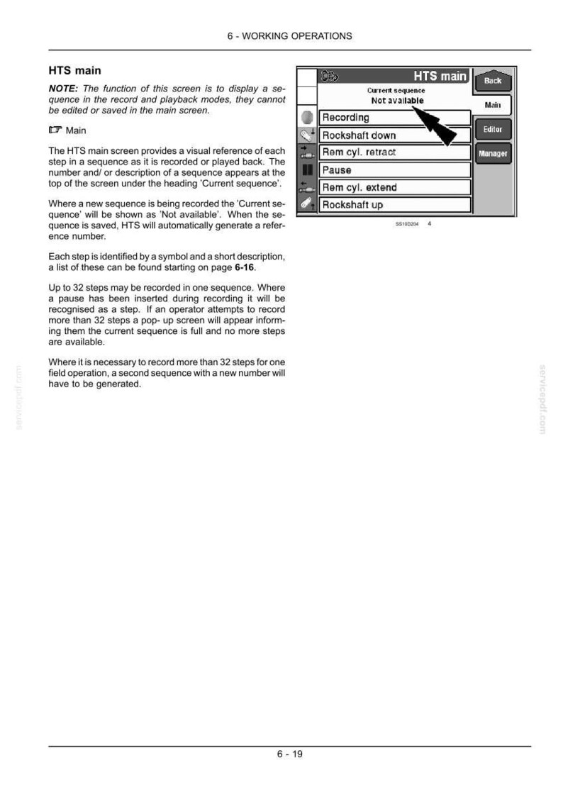 May include: A technical manual page titled 6-WORKING OPERATIONS featuring a black and white diagram of an HTS main screen interface. The screen displays a list of operations including Recording, Rockshaft down, Rem cyl. retract, Pause, Rem cyl. extend, and Rockshaft up, with a black arrow pointing to the text Not available.