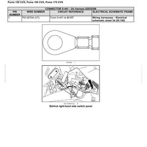 May include: Diagram of wire connectors, component diagram 44, for Puma 150, 165, 150 CVX, 165 CVX, and 175 CVX models. Includes a schematic of the connector X-441, power supply pin socket, and wiring details. The diagram also shows the location behind the right-hand side switch panel.